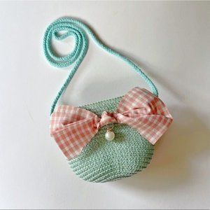 Mint Crochet Crossbody Bag with Pink Gingham Bow